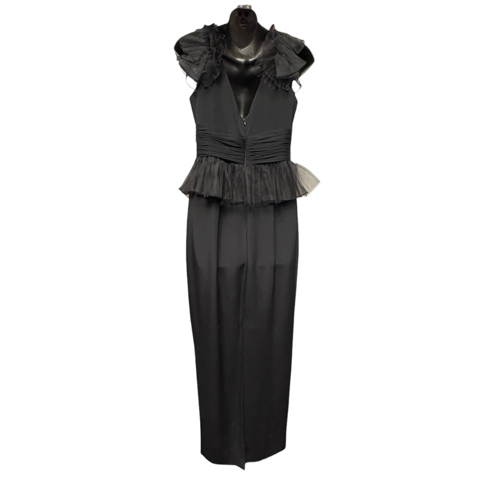 Marchesa Notte Black Silk Ruffle Peplum Maxi Column Gown Size 4 Sophisticated - Picture 4 of 14
